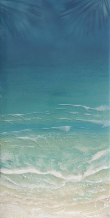 Tile with a beach scene design featuring blue water, white sand, and palm leaves.