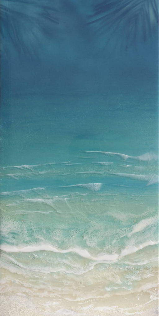 Tile with a beach scene design featuring blue water, white sand, and palm leaves.