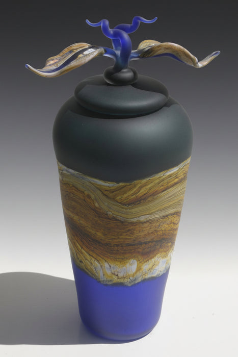 Large Sage & Cobalt Strata Covered Art Glass Jar
