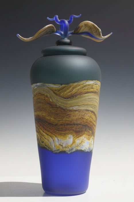 Large Sage & Cobalt Strata Covered Art Glass Jar