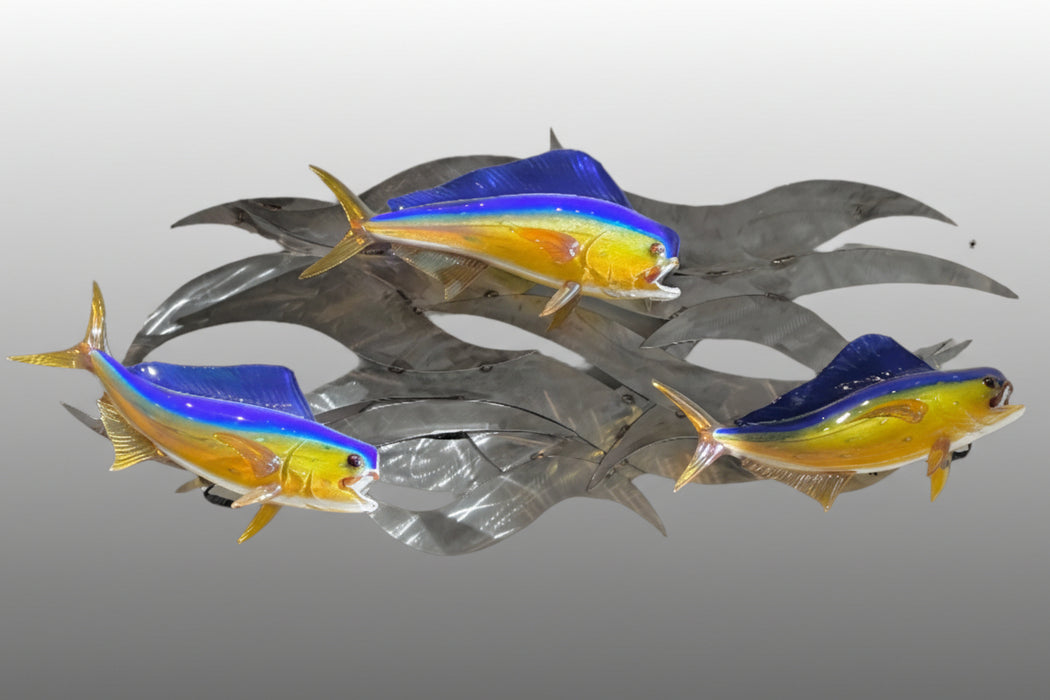 three blown glass mahimahi fish sculpture for wall