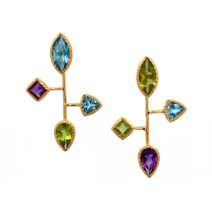 Gold Asymmetrical Blue Topaz, Amethyst, Peridot Earrings