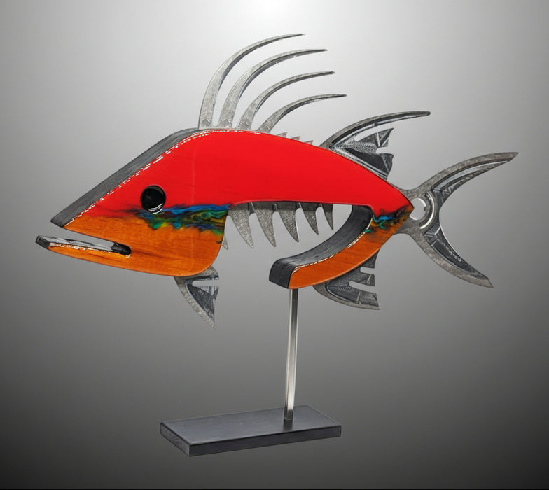 Red Hogfish Metal and Wood Sculpture