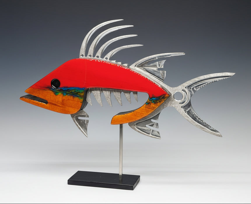 Red Hogfish Metal and Wood Sculpture