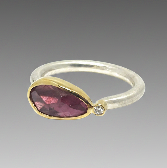 Red Tourmaline & Diamond Gold & Silver Ring by Margoni