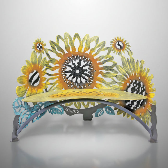 Decorative metal bench with sunflower design