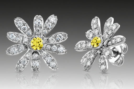 Flower-shaped earrings with yellow centers on a white background