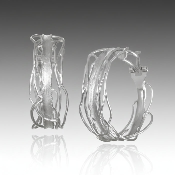 White Rhodium Edge Post Hoops - Large Omega Back Earrings