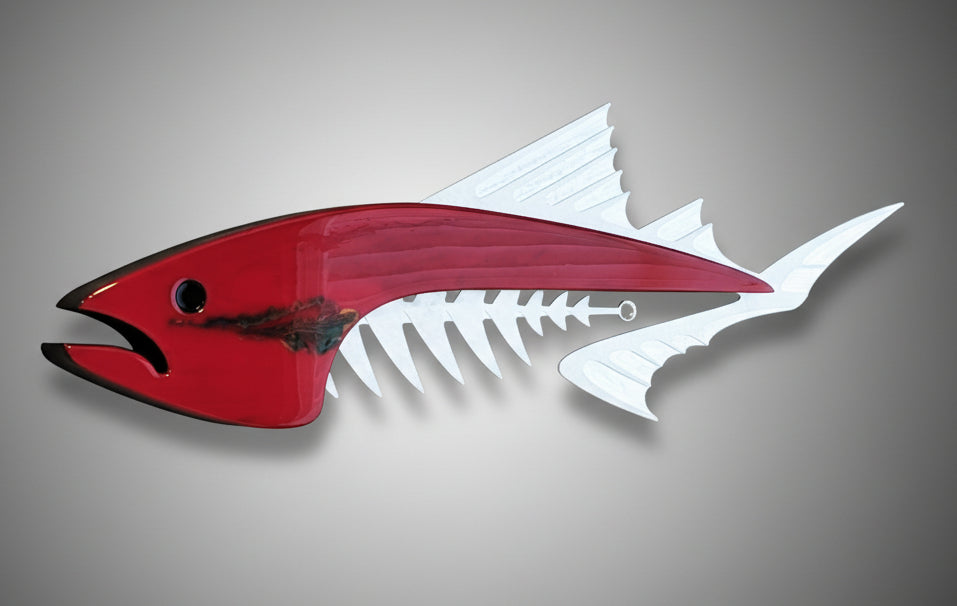 Red Wild Fin Metal and Wood Wall Sculpture