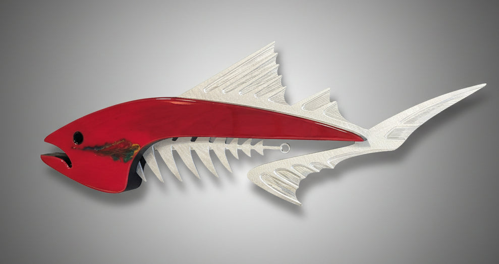 Red Wild Fin Metal and Wood Wall Sculpture