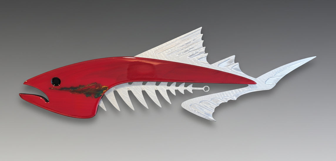 Red Wild Fin Metal and Wood Wall Sculpture