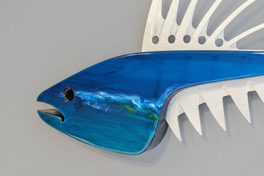Blue Wave Roosterfish Metal and Wood Wall Sculpture