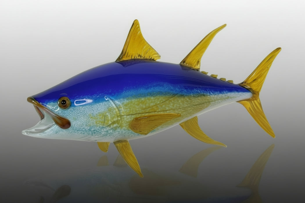 Blown glass sculpture of a blue and yellow fish 