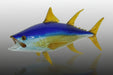 Blown glass sculpture of a blue and yellow fish 