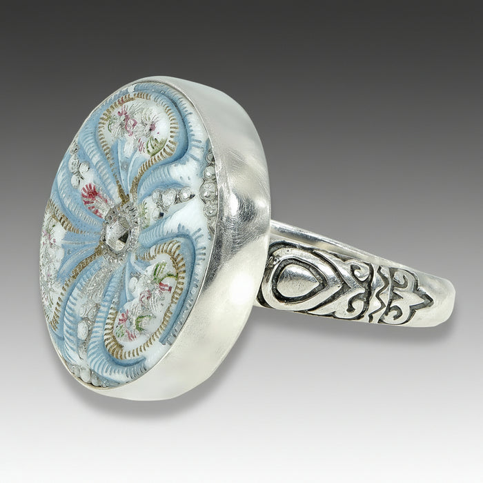 Sky Blue Czech Glass Button Ring