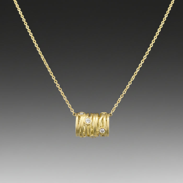 Scribble Ribbon Barrel Diamond and Gold Pendant Necklace