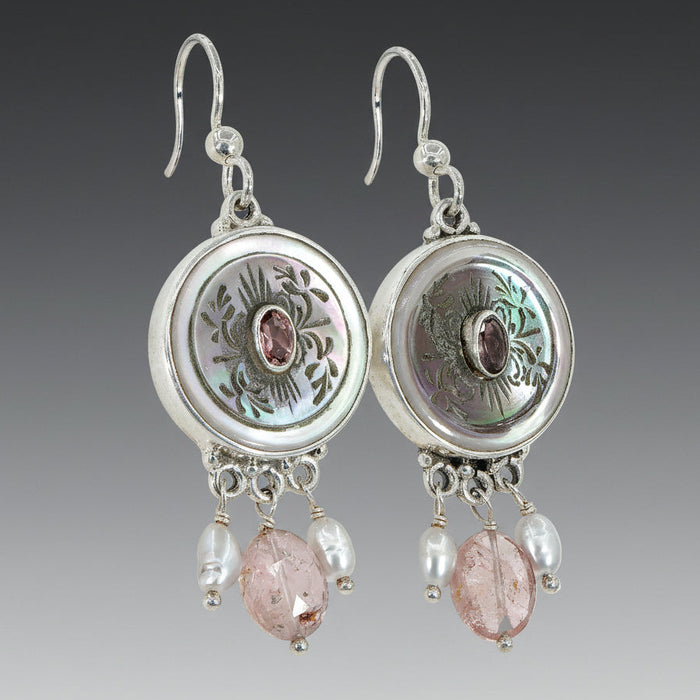 Pink Victorian Carved Pearl Button Earrings