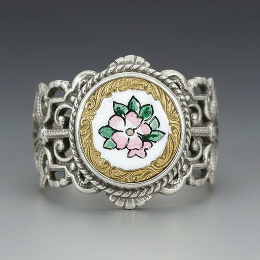 A Victorian French Enamel Flower Button Ring with a sterling silver band and a multicolored floral design on the button.