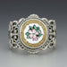 A Victorian French Enamel Flower Button Ring with a sterling silver band and a multicolored floral design on the button.