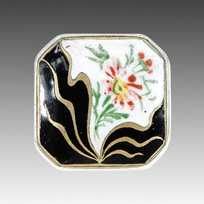 Black Floral Antique Button Ring
