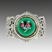 Antique green glass button ring with hand painted roses, set in sterling silver mounting, Victorian era.