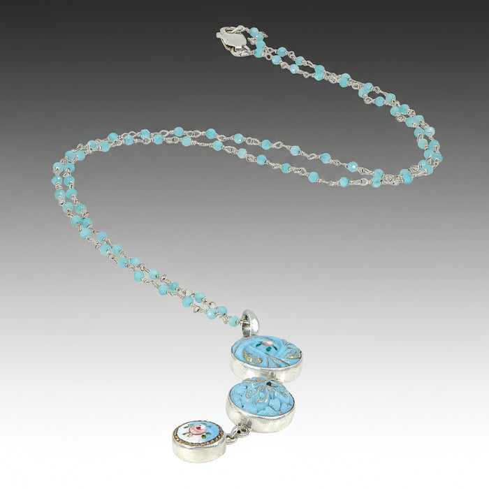 Blue Flower Button Drop Necklace