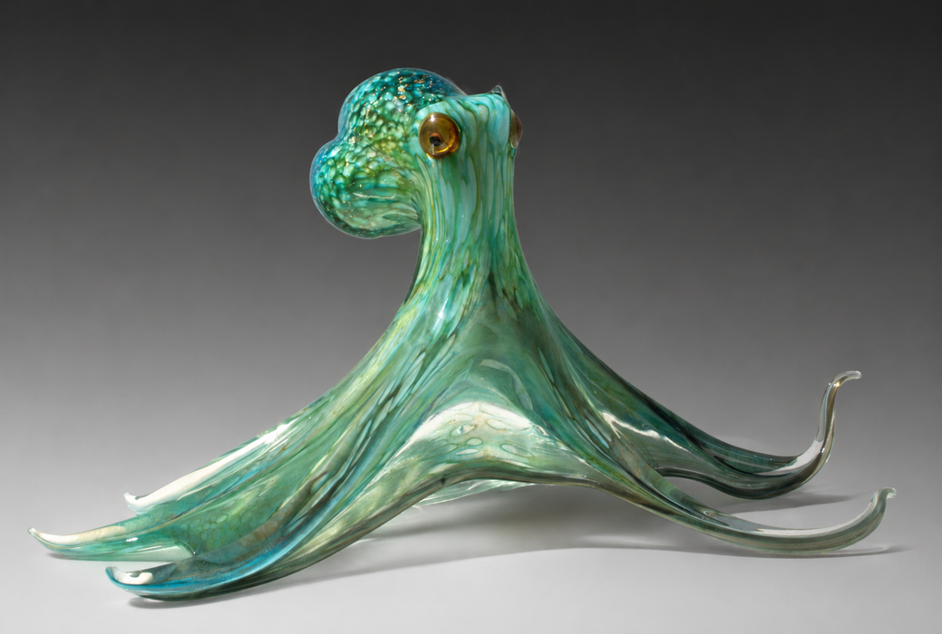 Webbed Aqua and Teal Octopus Art Glass Sculpture