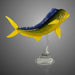 Yellow fish figurine on a clear stand against a gray background