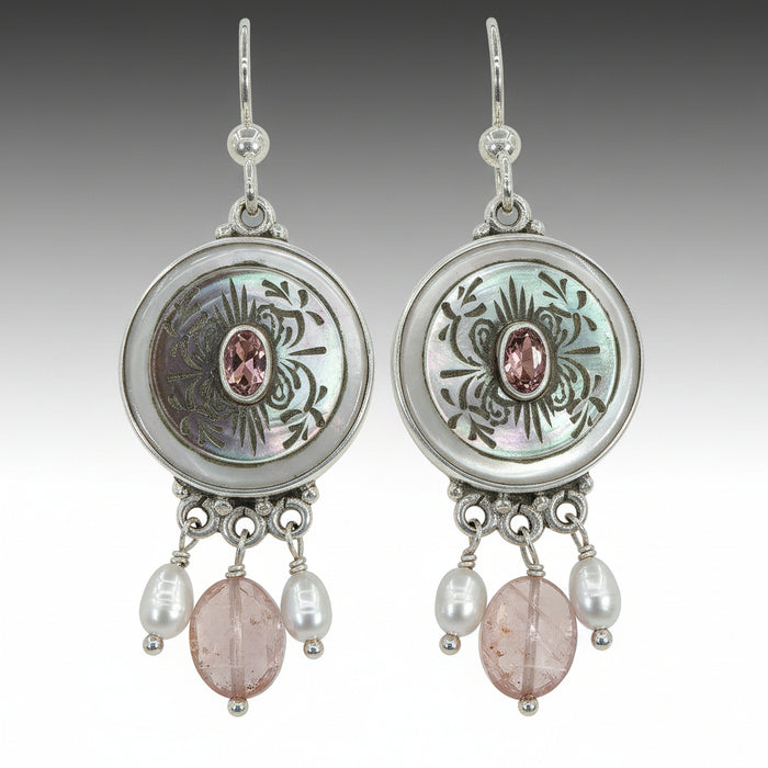 Pink Victorian Carved Pearl Button Earrings