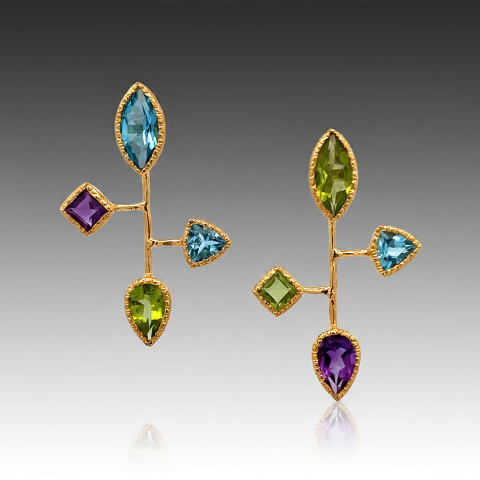 Gold Asymmetrical Blue Topaz, Amethyst, Peridot Earrings