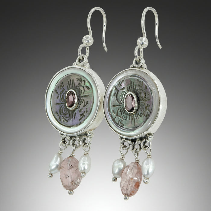 Pink Victorian Carved Pearl Button Earrings