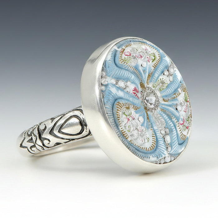 Sky Blue Czech Glass Button Ring