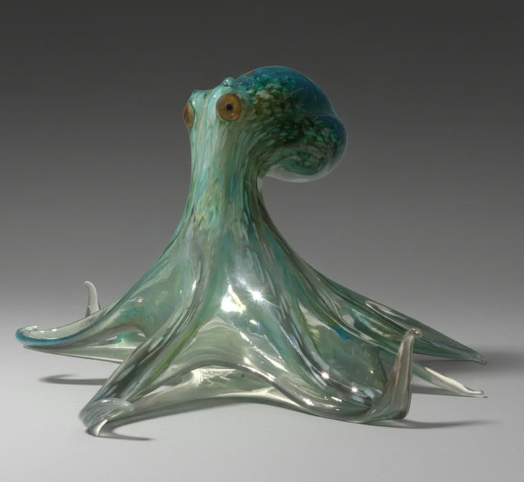 Webbed Aqua and Teal Octopus Art Glass Sculpture