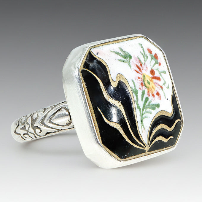 Black Floral Antique Button Ring