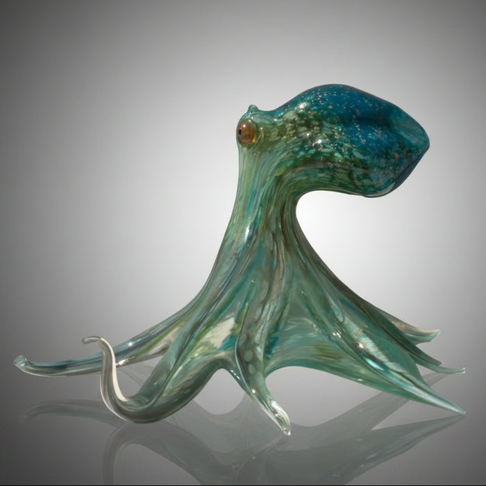 Webbed Aqua and Teal Octopus Art Glass Sculpture