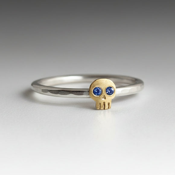 Silver & Gold Skull Ring with Sapphires