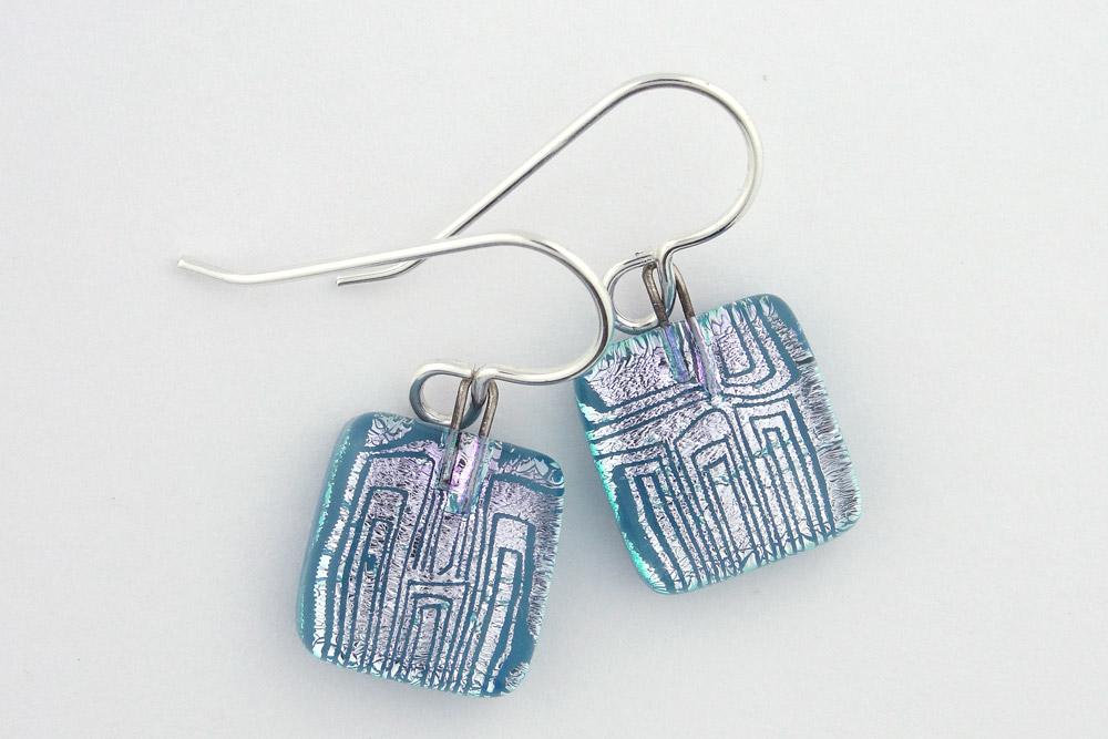 Silver/Blue Lined Square Drop Earrings