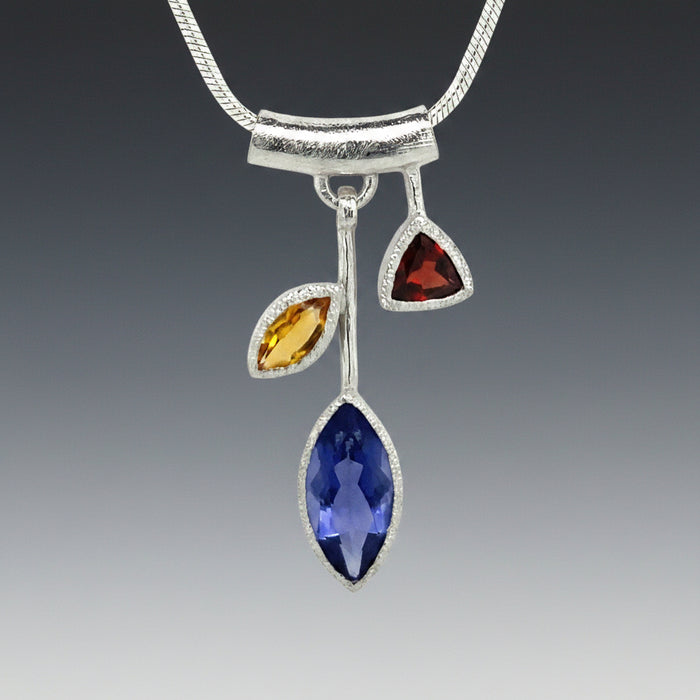 3 Stone Petal Pendant Necklace with Iolite - Silver, White Rhodium