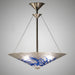 A glass chandelier with blue and white floral patterns, featuring a textured surface, suspended by metal hardware.