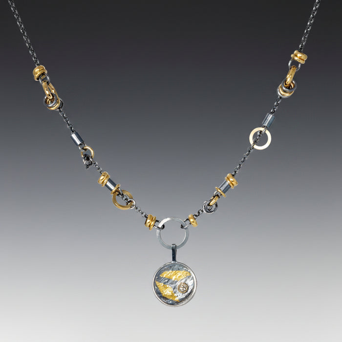 Black and Gold Keum-Boo Diamond Disk Necklace
