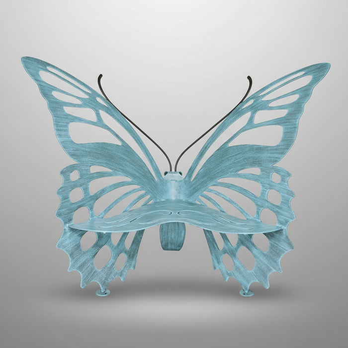A blue butterfly-shaped bench made of metal with an airbrush hand painted finish.