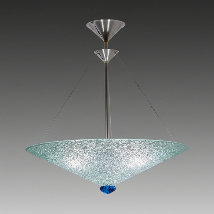 A contemporary style ceiling-mounted chandelier with a metallic structure and a textured blue glass shade.