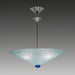 A contemporary style ceiling-mounted chandelier with a metallic structure and a textured blue glass shade.