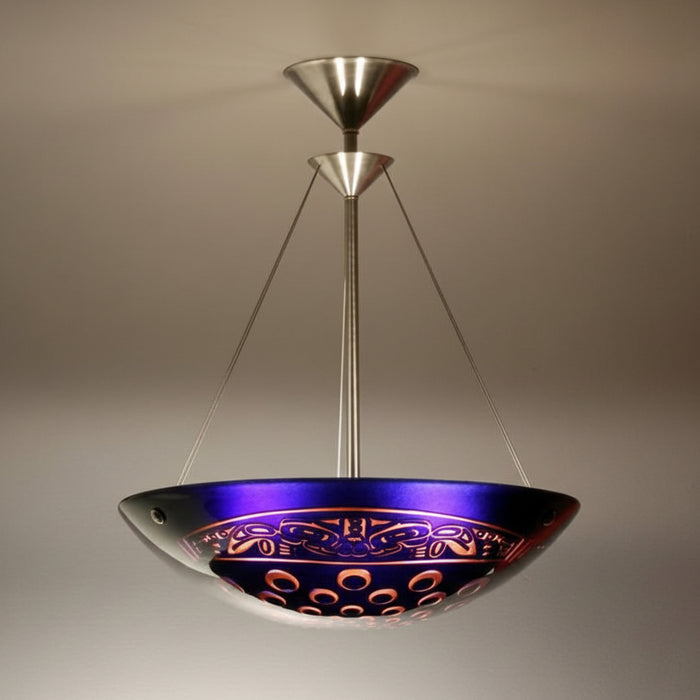 Cobalt and Rosewood Seawolf Carved Hemisphere Art Glass Pendant Lamp