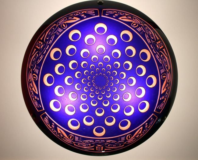 Cobalt and Rosewood Seawolf Carved Hemisphere Art Glass Pendant Lamp