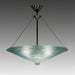 A Concentric Circles glass chandelier with a large, round, textured glass bottom and a smaller, rod-like structure at the top, suspended by metal cables.