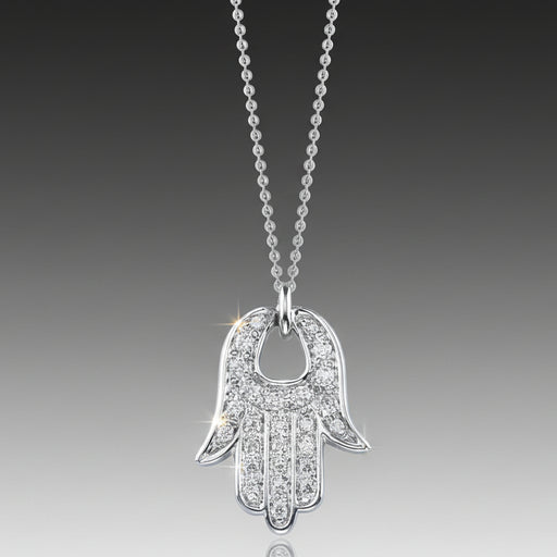 A Graffiti Hamsa Necklace with a pave setting of round, brilliant cut diamonds on a white gold or yellow gold chain.