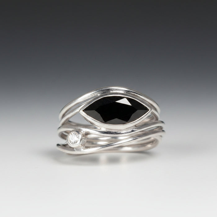 East West Silver Marquise Ring - Black Spinel