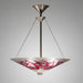 A ceiling-mounted chandelier with a conical shape featuring a red and white patterned glass shade, with metal fittings in a dark setting.