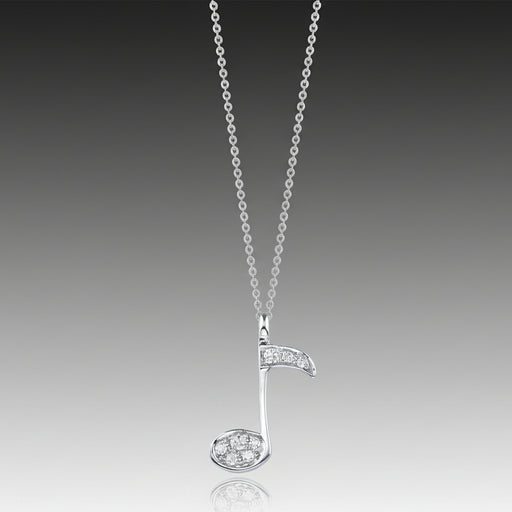 A necklace with a music note icon design, featuring a chain and a pendant with round, brilliant cut diamonds in a pave setting.
